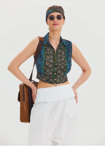 Shirt Collar Button Detailed Navy Blue Summer Blouse 4631